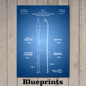 May include: A blueprint for a ski design, patent number 2,038,530, titled "Laminated Runner for Efficient Travel Through Snow" by R.C. Anderson, published April 28, 1936. The blueprint shows a detailed drawing of the ski with various parts labeled.