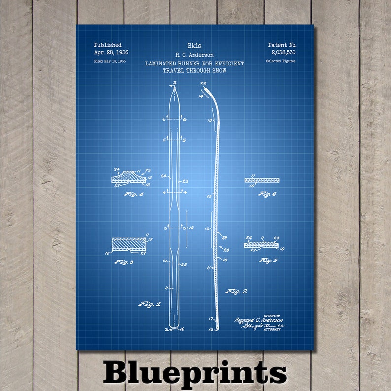 May include: A blueprint for a ski design, patent number 2,038,530, titled "Laminated Runner for Efficient Travel Through Snow" by R.C. Anderson, published April 28, 1936. The blueprint shows a detailed drawing of the ski with various parts labeled.