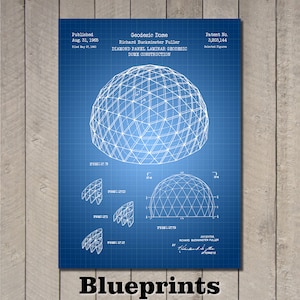 May include: A blueprint for a geodesic dome construction, patent number 3,203,144, published August 31, 1965, by Richard Buckminster Fuller. The blueprint is on a blue background with white lines and text.