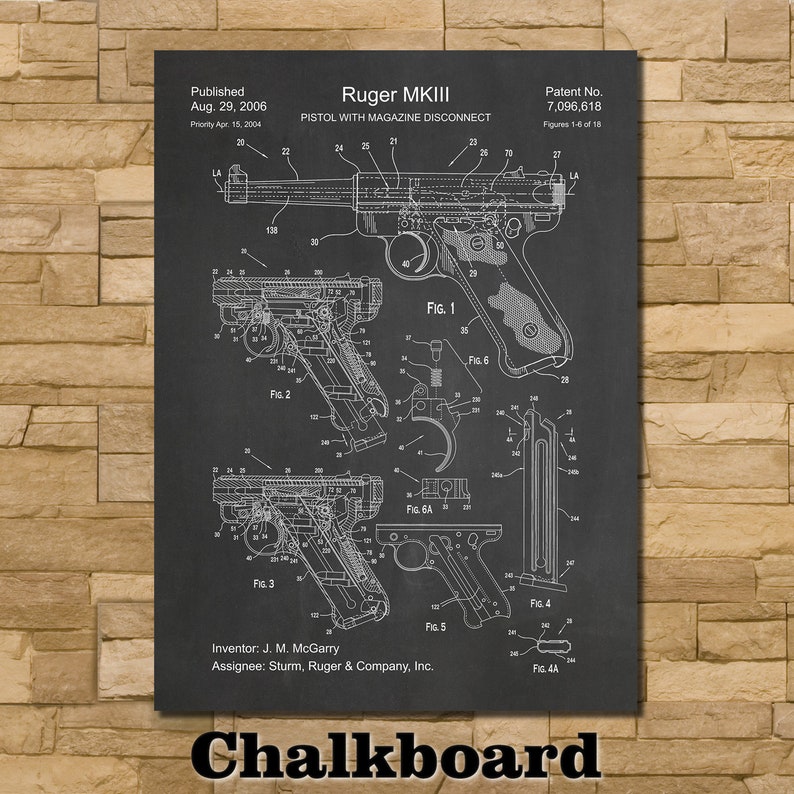 May include: A black and white blueprint style illustration of a Ruger MKIII pistol with magazine disconnect. The patent number 7,096,618 is listed at the top of the image. The image is labeled "Published Aug. 29, 2006" and "Priority Apr 15, 2004".