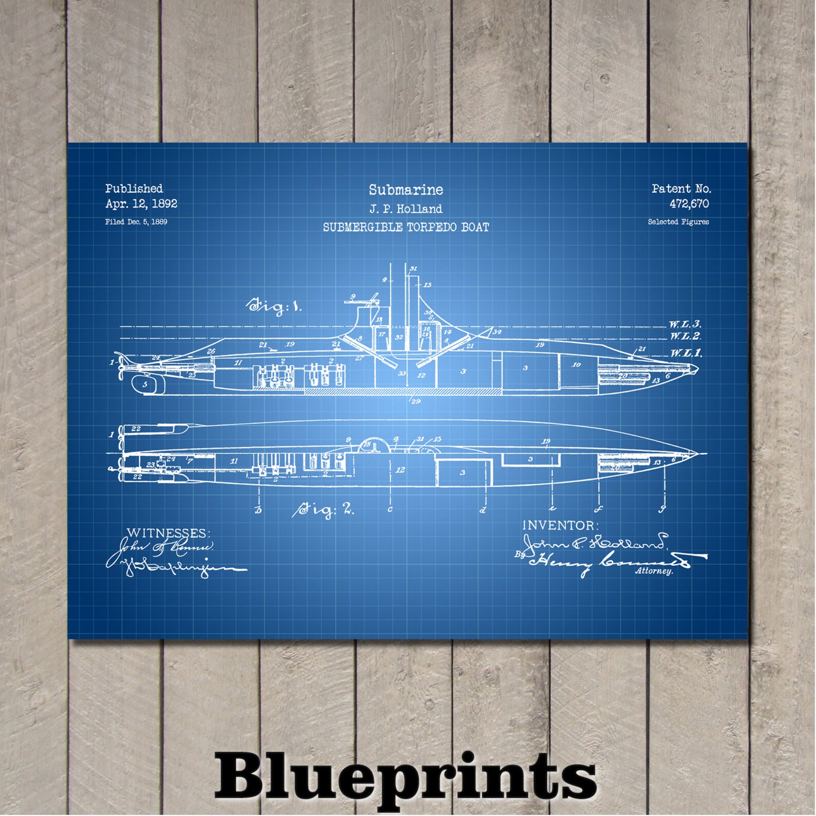 Submarine Patent Print Art 1892 - Etsy