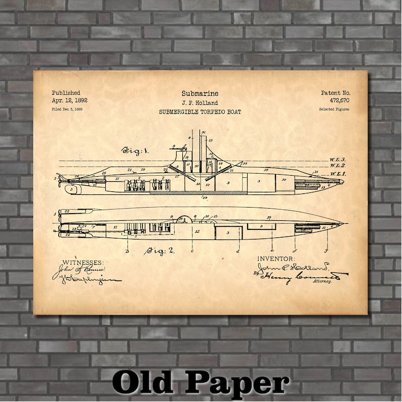 Submarine Patent Print Art 1892 - Etsy