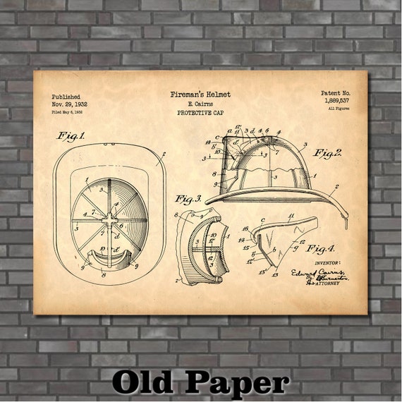 Fireman's Helmet Patent Print Art 1932