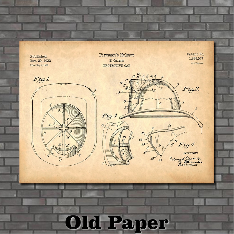 May include: Vintage patent print of a fireman's helmet, dated November 29, 1932. The beige print features detailed technical drawings of the helmet, including front, side, and sectional views. The text "Fireman's Helmet" is displayed at the top.