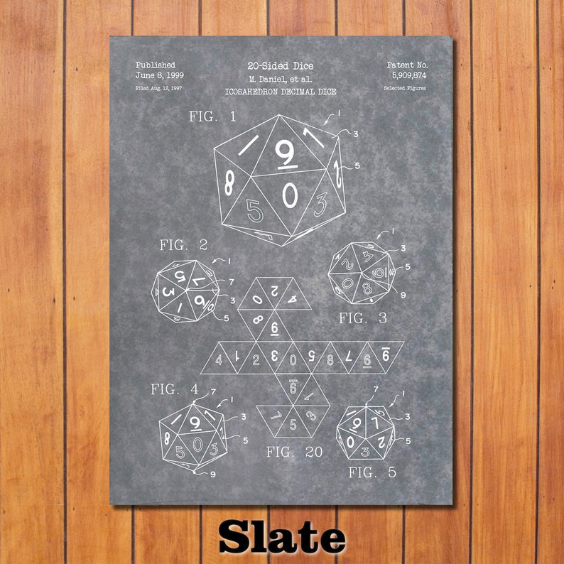 20-Sided Dice Patent Print Art 1999 Slate