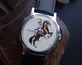 Montre d'équitation, cadeau d'anniversaire, montre vintage pour homme, cadran peint à la main, cadeau d'anniversaire, montre-bracelet sur bracelet noir, vieille montre