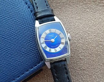 Small vintage mechanical rectangular blue womens wrist watch on leather band  Blue dial watch Gift for her Birthday gift