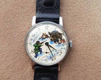 Birthday gift Vintage watch for men Hand painted dial anniversary gift Wrist watch on black band Old watch
