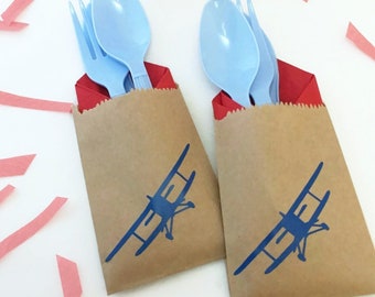 Cutlery Bags - Airplane Baby Shower, Vintage Airplane Party, Airplane Party Favors, Plane Birthday Party, Vintage Airplane Baby Shower