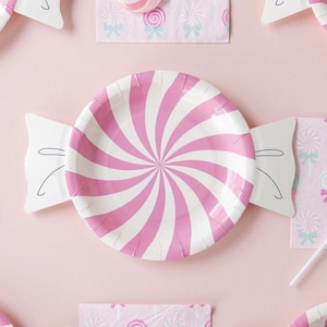 Pink Peppermint Candy Plates - Christmas Candy Party, Christmas Paper Plates, Girl Christmas Birthday, Sweet Treats, Peppermint Party Decor