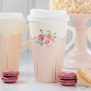 Tasses en papier pour tea party - Shower de mariée florale, tea party d'anniversaire, thé pour deux baby shower, tea time party, tasses à café jetables avec couvercles