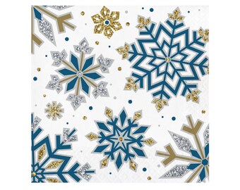 Servilletas con copos de nieve azules, dorados y plateados: cumpleaños con copos de nieve, suministros para fiestas navideñas, servilletas navideñas, país de las maravillas invernal, fiesta con copos de nieve