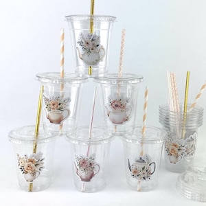 Théière florale - Gobelets en plastique, Tasses d'anniversaire de jardin, Fournitures florales pour le thé, Shower de bébé floral, Tasses pour le thé