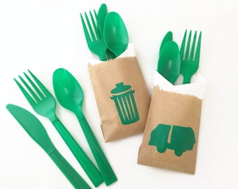 Garbage Party Cutlery Bags, Garbage Truck Birthday, Trash Truck Party, Transportation Party, Party Favors, Party Utensils