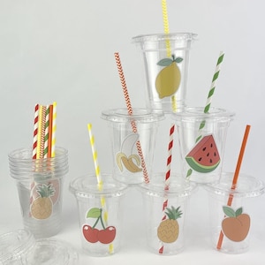 Fruit Party Cups - Farmers Market Party, Tutti Frutti Birthday Decor, Fruit Treat Cups, Lemon Banana Peach Cherries Pineapple Watermelon