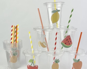 Obstpartybecher - Bauernmarktparty, Tutti Frutti-Geburtstagsdekor, Obst-Leckereibecher, Zitrone, Banane, Pfirsich, Kirschen, Ananas, Wassermelone