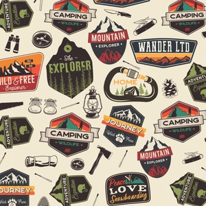 May include: A seamless pattern featuring colorful vintage-style badges and illustrations related to camping, adventure, and nature. The design includes text such as "Camping - Wildlife", "Adventure - Expedition", "Wild & Free Explorer", "Mountain Explorer", "Wander LTD", "Journey Wild Free", "Home", "Peace Love Snowboarding", and "The Explorer".