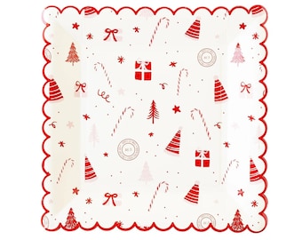 Platos navideños rojos y rosas - Platos para fiestas navideñas, platos de papel navideños, artículos para fiestas navideñas rosas, vajilla para fiestas navideñas infantiles