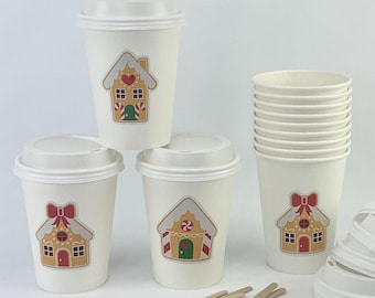 Copos de casa de gengibre - Copos de festa de Natal, suprimentos para festa de gengibre, copos de Natal para crianças, copos de Natal para viagem, copos quentes de papel para o feriado