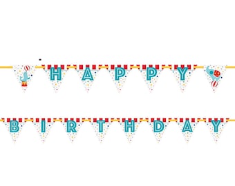 May include: A colorful Happy Birthday banner with red and white stripes, gold stars, and blue letters. The banner features a circus theme with an elephant juggling balls.