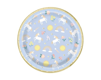 Platos de fiesta de unicornio y arco iris - Decoraciones de cumpleaños de unicornio, fiesta mágica, suministros de fiesta de unicornio mítico, platos de cumpleaños de papel