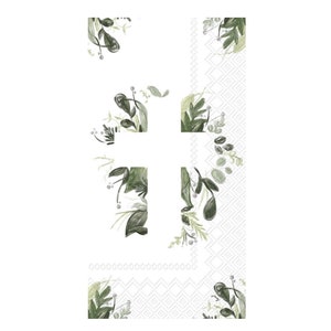 May include: White cross with a green floral design on a white background. The floral design is in the corners and along the sides of the cross.