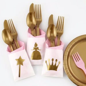 Torby na sztućce 24ct Princess Party, Princess Birthday, Fairytale Party Decor, Princess Cutlery, Pink and Gold, Princess Favor Bags