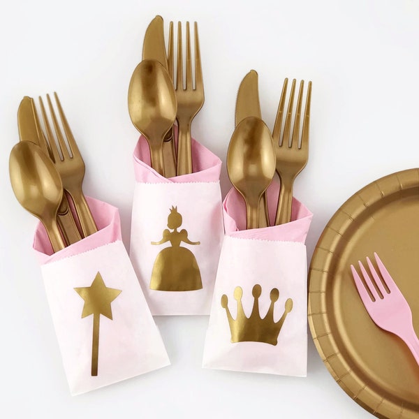 Cutlery Bags - Princess Party, Princess Birthday, Fairytale Party Decor, Princess Cutlery, Pink and Gold, Princess Favor Bags