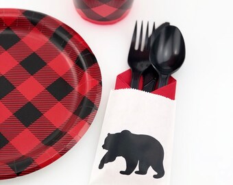 Black Bear Cutlery Bags - Lumberjack Baby Shower, Lumberjack Party, Bear Baby Shower, Bear Birthday, Black Bear, Cutlery Bags