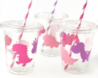 Rosa Dinosaurier-Tassen - Dinosaurier-Party-Tassen, Dinosaurier-Party-Zubehör, Dinosaurier-Babyparty, Mädchen-Dinosaurier, Dinosaurier-Geburtstags-Party, rosa lila