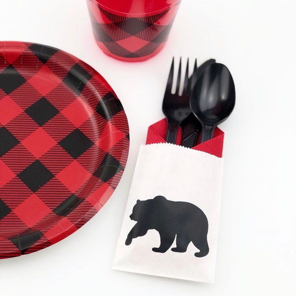 Black Bear Cutlery Bags - Lumberjack Baby Shower, Lumberjack Party, Bear Baby Shower, Bear Birthday, Black Bear, Cutlery Bags