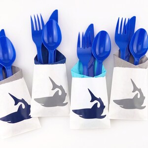 Shark Party Cutlery - Shark Party Supplies, Shark Birthday, Shark Party Favors, Surfing Birthday, Beach Party, Surfing Party, Pool Party