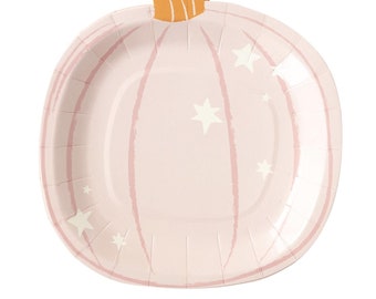 Puede incluir: Plato de papel rosa en forma de calabaza con estrellas blancas.