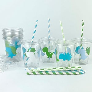 Blue & Green Dinosaur Party Cups - Plastic Disposable Drink Cups, Dinosaur Baby Shower, Dinosaur Birthday, Boy First Birthday, Favor Cups