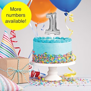 May include: A blue frosted cake with colorful sprinkles on a white cake stand. A silver number one balloon sits on top of the cake. There are yellow, blue, and red ribbons and a party hat in the background. The text "More numbers available!" is in a yellow circle.