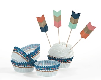 50 Tribal Cupcake Picks with Liners - Arrow Cupcake Toppers, Tribal Baby Shower Decorations, Tribal Cupcake Toppers, Wild One Tribal Party