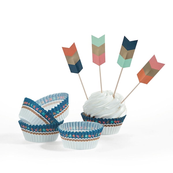 50 Tribal Cupcake Picks with Liners - Arrow Cupcake Toppers, Tribal Baby Shower Decorations, Tribal Cupcake Toppers, Wild One Tribal Party