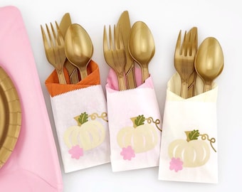 Pumpkin Cutlery - Lil Pumpkin Baby Shower, Fall Party, Thanksgiving Dinner, Pumpkin Party, Gold Pink Orange, Pumpkin Birthday Party