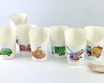 Transport Party Snack Cups - Fahrzeug Party Zubehör, Automobil Geburtstag, Müllwagen U-Boot Feuerwehrauto Hubschrauber