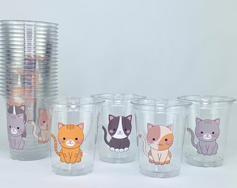 Vasos de plástico para fiestas de gatitos, 24 unidades, decoración para fiestas de gatitos, suministros para cumpleaños de gatos, decoraciones para fiestas, recipientes para recuerdos, baby shower de niña