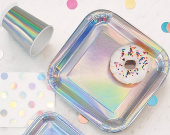 9" Iridescent Plates - Iridescent Party, Unicorn Party Supplies, Mermaid Party Supplies, First Birthday, Bridal Shower, Silver Iridescent