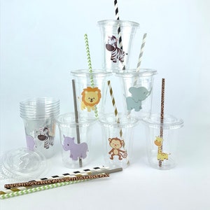 Safari Baby Shower Cups, Plastic Disposable Cups with Lids, Paper Straws, Safari Birthday Decorations, Birthday Favor Cups, Drinking Cups