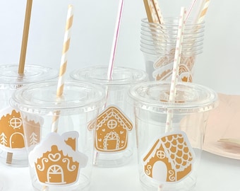 Copos para Festa de Biscoito de Gengibre - Copos Descartáveis de Plástico, Copos para Festa de Natal, Decorações de Aniversário com Tema de Biscoito de Gengibre, Artigos para Festa de Fim de Ano, Copos para Doces