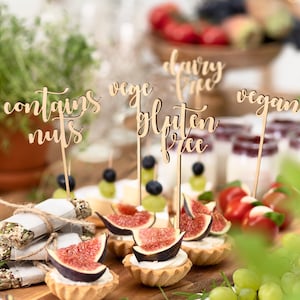 Houten voedselprikkers - Voedseltoppers voor bruiloften, decoraties voor bruiloften, voedselborden, feestartikelen, voedselkaarten voor bruiloften, buffetborden