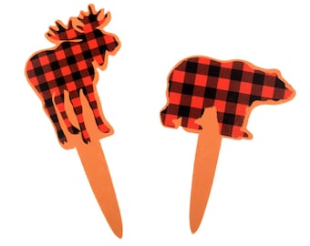 Buffalo Plaid Cupcake Toppers - Moose Bear Party Decorations, Woodland Cake Toppers, Buffalo Plaid Baby Shower, Lumberjack Party Supplies