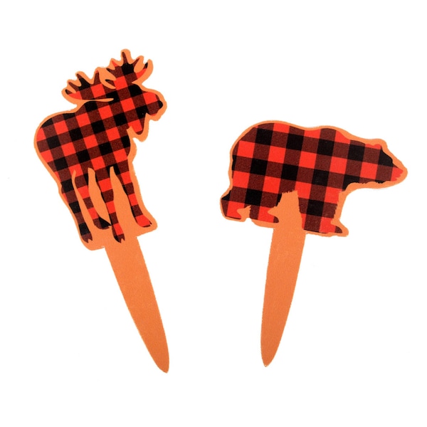 Buffalo Plaid Cupcake Toppers - Moose Bear Party Decorations, Woodland Cake Toppers, Buffalo Plaid Baby Shower, Lumberjack Party Supplies