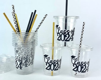 Graduation Cups, Class of 2024, Black and Gold Graduation, 2024 Cups, Plastic Disposable Cups, Lids, Paper Straws, Graduation Party Cups