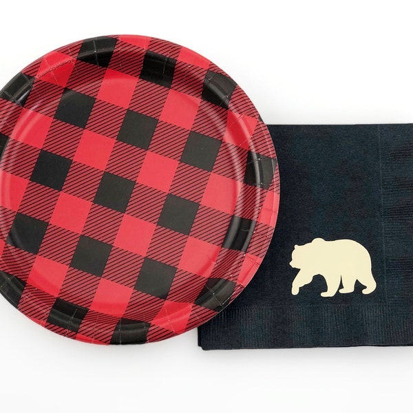 Bear Party Set - Lumberjack Birthday, Bear Baby Shower, Lumberjack Party, Buffalo Plaid Party, Buffalo Plaid Plates, Bear Napkins, Bear Baby