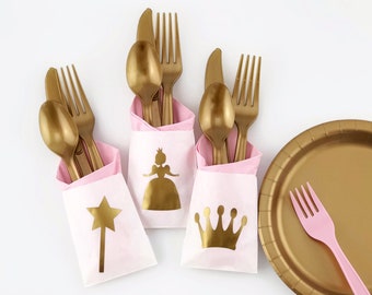 Cutlery Bags - Princess Party, Princess Birthday, Fairytale Party Decor, Princess Cutlery, Pink and Gold, Princess Favor Bags