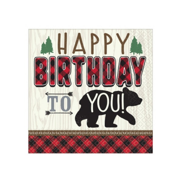Bear Birthday Napkins - Lumberjack Birthday Party Supplies, Buffalo Plaid Party Napkins, Adventure Party, Woodland Party, Camping Birthday